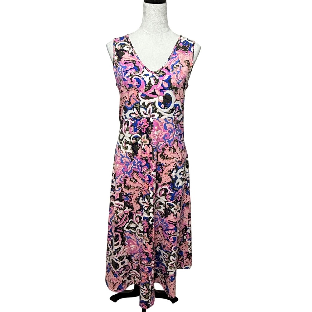 Talbots Dress Medium Midi Pink Blue Floral Abstract Sleeveless Beachy Stretch